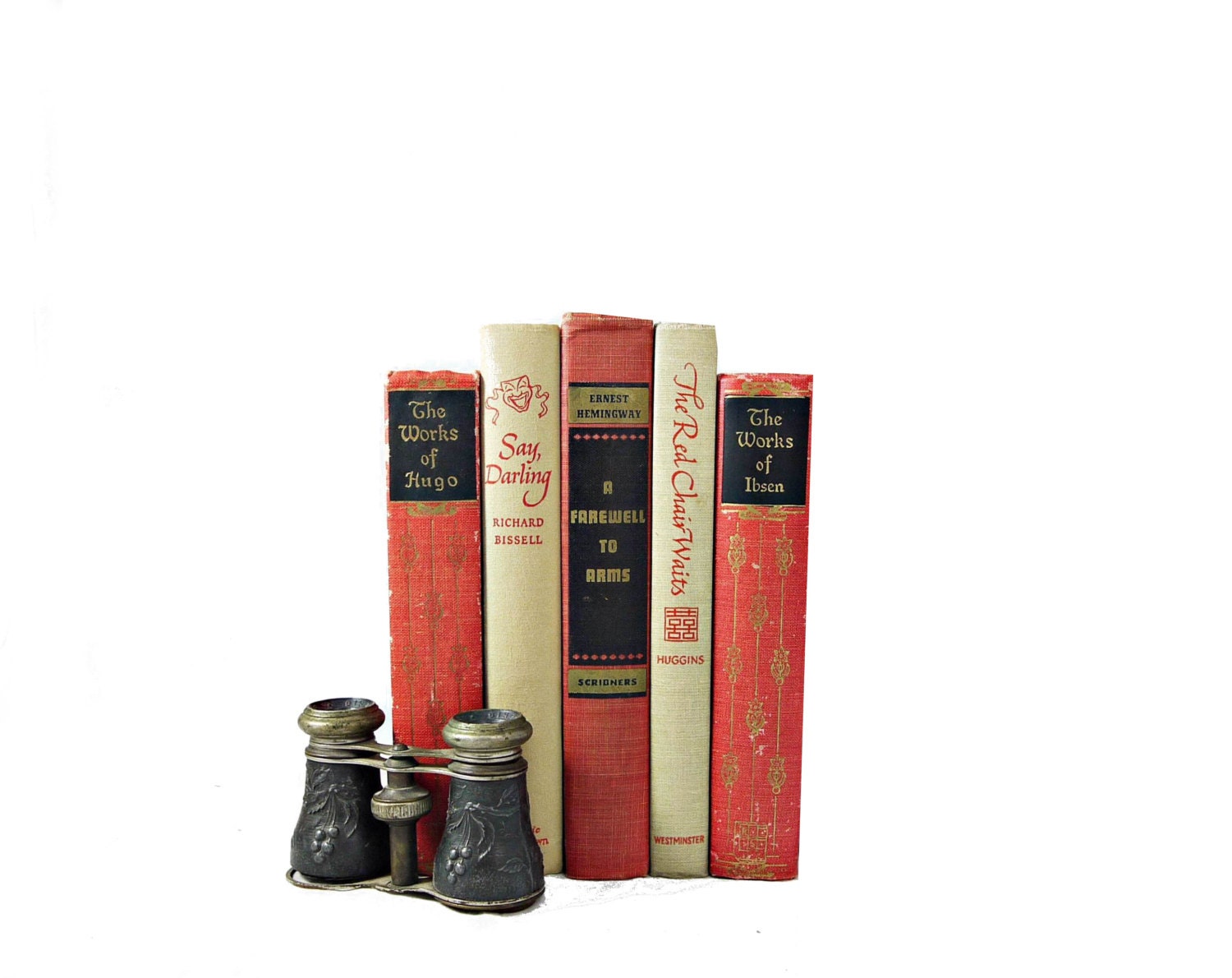 CORAL BEIGE 1940s Decorative Books, Book Collection Set, Wedding Decor, Interior Design, Antique Photo PRops, Shabby Chic, red