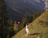 Girl in the Alps-Red Balloons-White Dress-Switzerland Fantasy- Vintage Style Fine Art Photography- 8x10