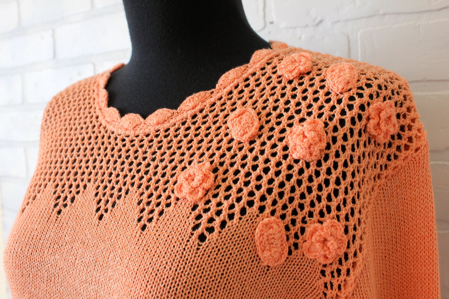 vintage 70s peach crochet sweater