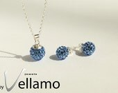 Blue crystal ball jewelry set, necklace and earrings, sterling silver, Swarovski disco ball, something blue, pendant and stud earrings