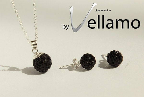 Black crystal ball jewelry set, necklace and earrings, sterling silver, Swarovski disco ball, pendant and stud earrings