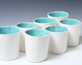 Wide Turquoise and White Handmade Ceramic Pottery Cup / Tumbler - Simple, Modern and Bright  - ready to ship