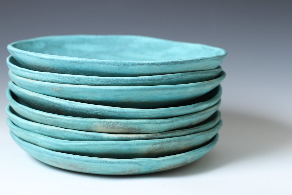 8.5" Matte Turquoise Stoneware Ceramic Shallow Bowls - Plates, stone ware handmade - individual or set - Ready to ship