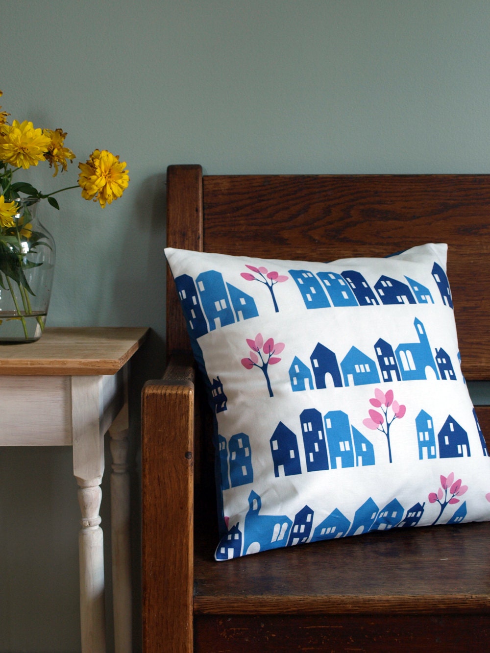 Blue Houses and Pink Trees Printed Pillow Cover 18x18