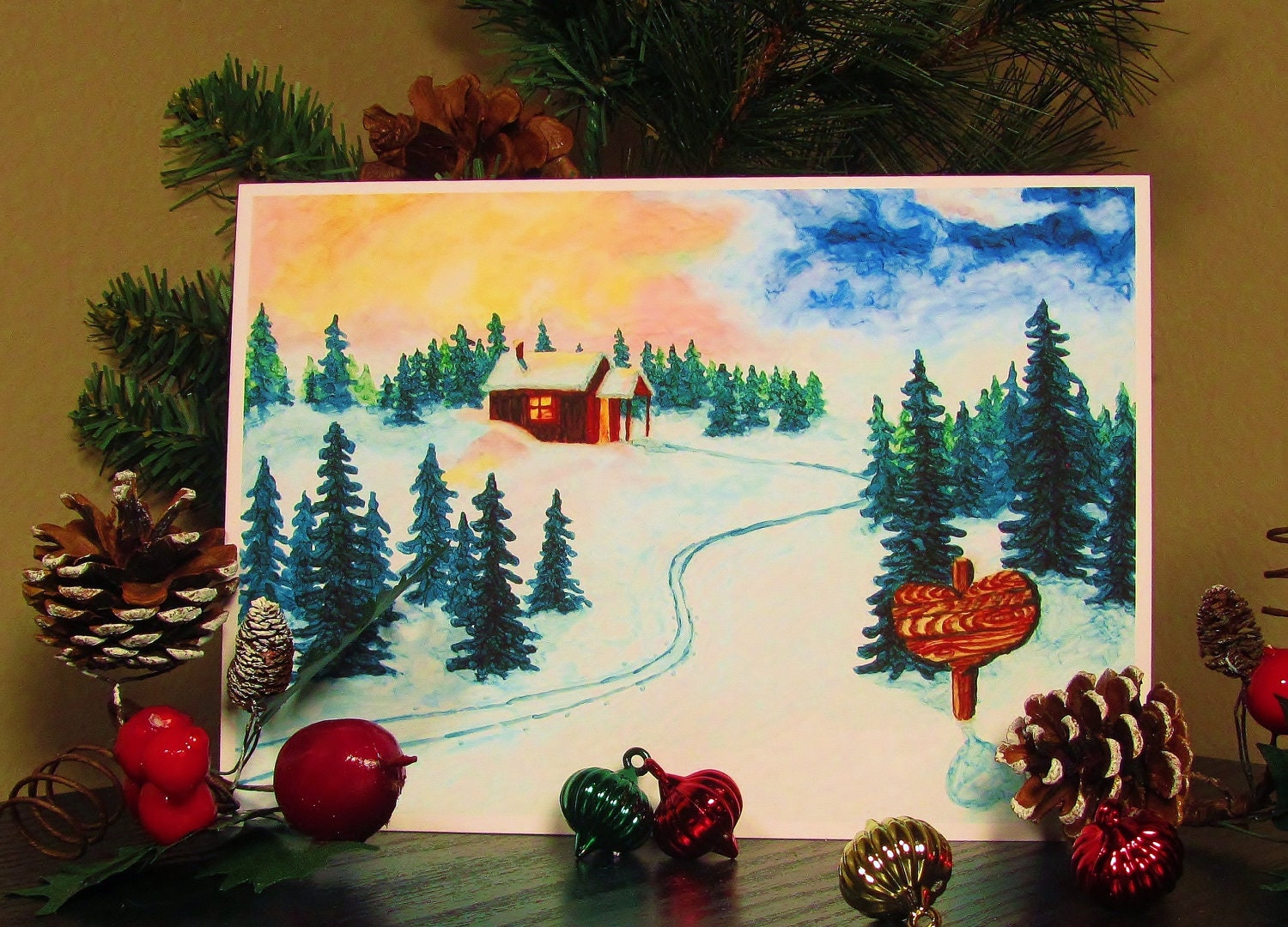 Snowy Landscape Greeting Card, 5x7 Art Print, Cross Country Ski Cabin