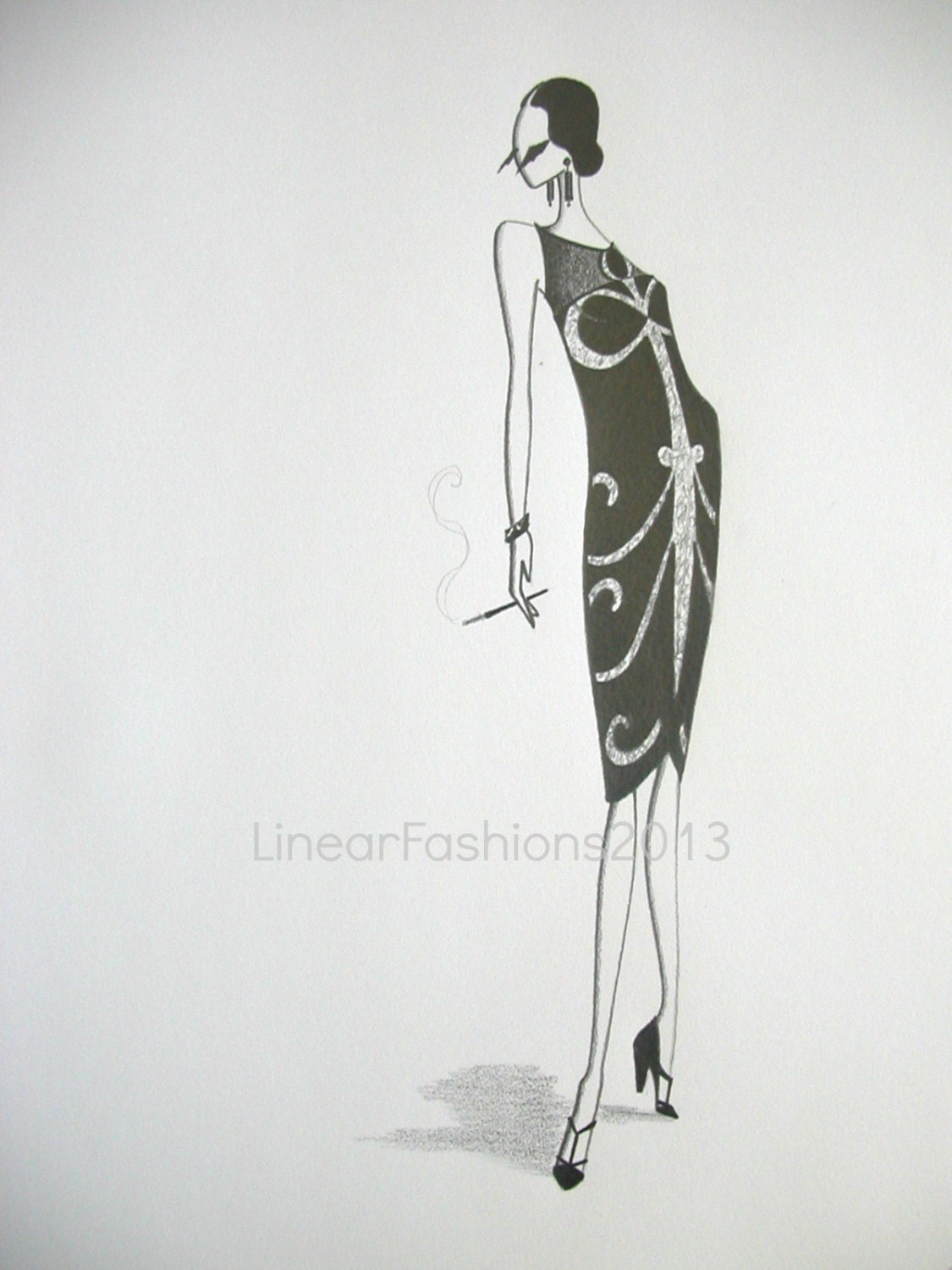 Fashion Illustration, Art Deco flapper, 1920s Great Gatsby sketch, original pencil drawing, minimalist decor, art gift