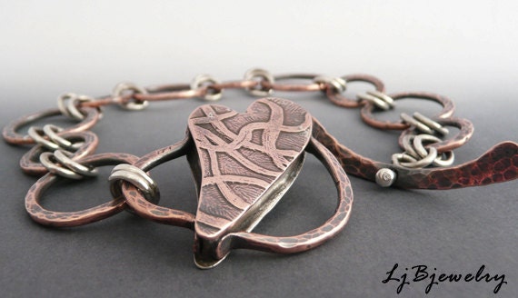 Heart Bracelet, Chain Link Bracelet, Copper Bracelet, Mixed Metal Bracelet, Etched Hollow Form