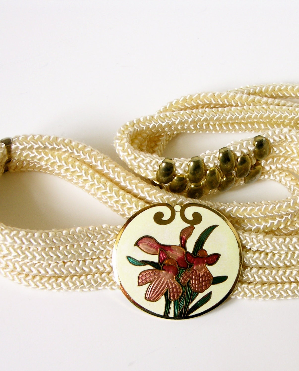 Vintage cloisonné cream belt/ pink purple iris flowers/ 80s corded rope belt/ Yen China House/ NWT/ NOS