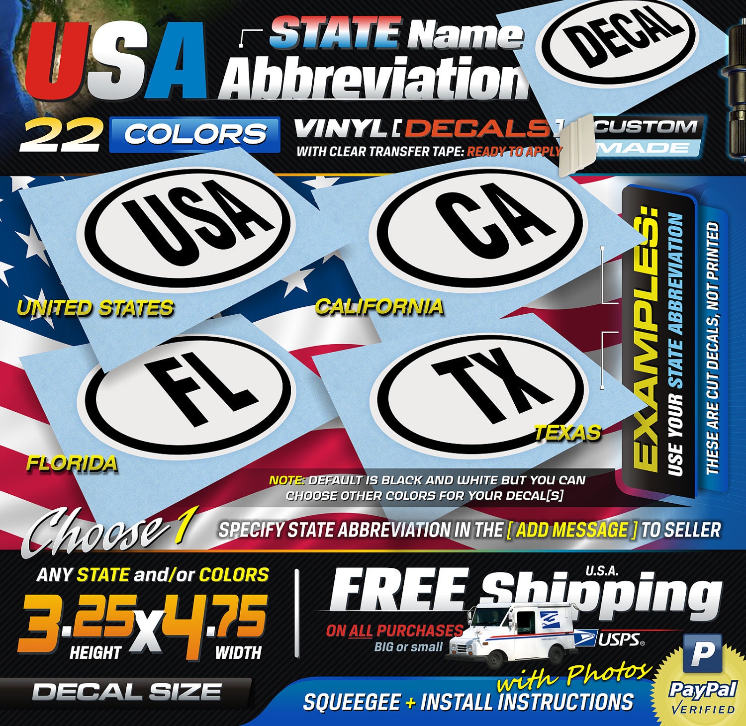 3.25x4.75 (1) USA State Name Abbreviation Oval Decal ( Medium ) 1 Color