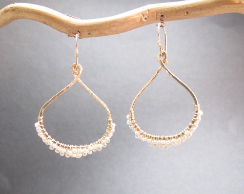 Cosmopolitan 44 Hammered drop hoops wrapped with ivory pearls