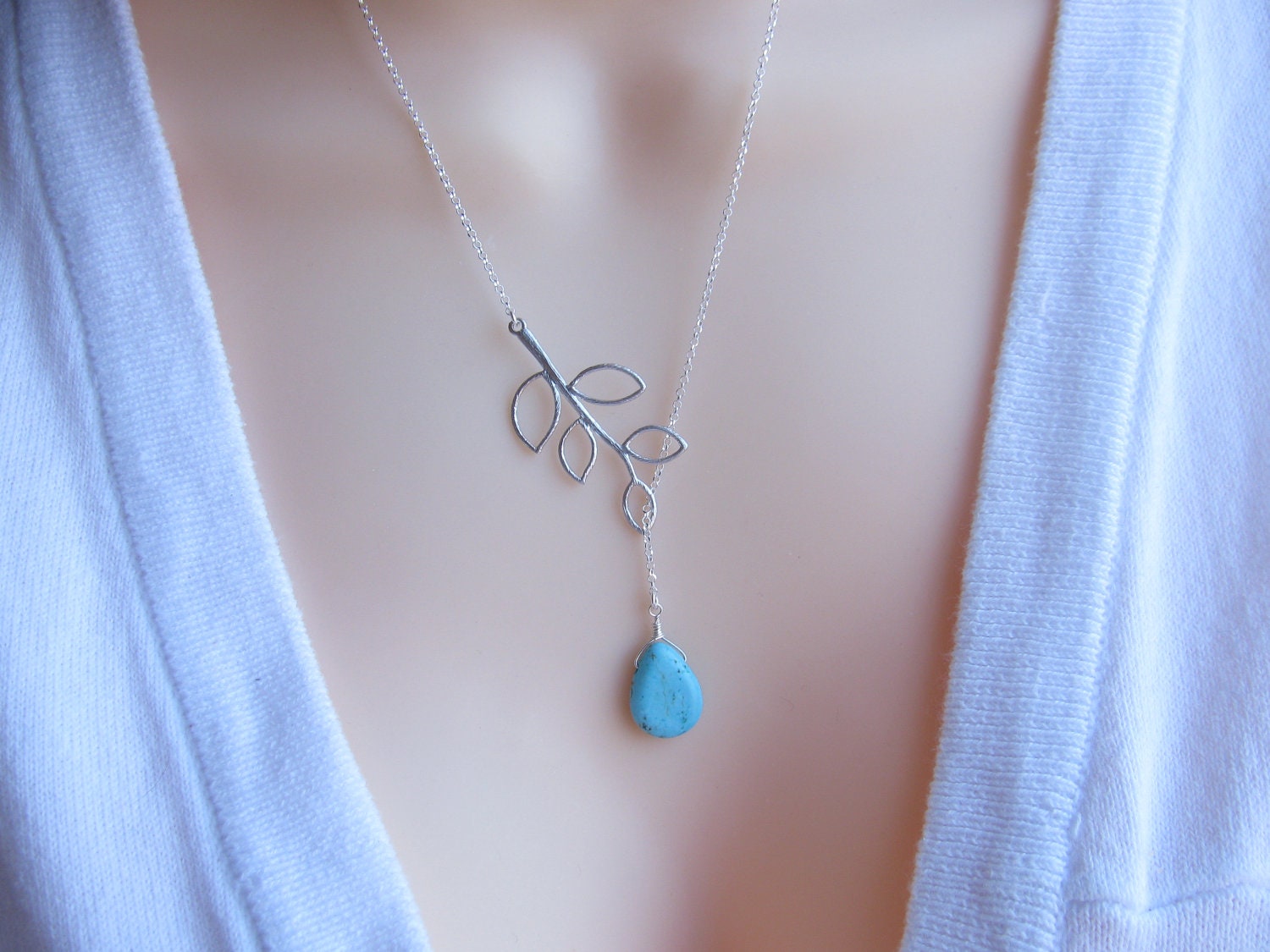 Teal Lariat Necklace on Sterling Silver Chain- Branch Necklace and Howlite Turquoise tear drop Necklace- Minimalist Pendant- Feminine Gift