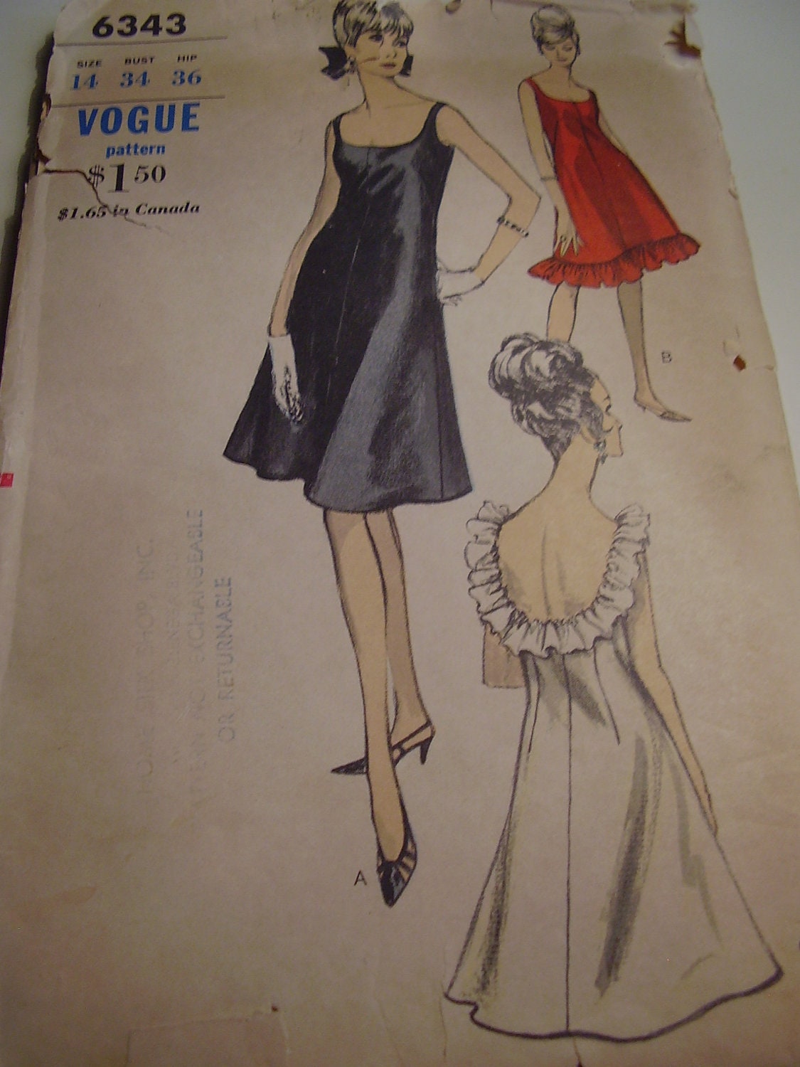 Vintage 1960s, 1970s Vogue 6343 Dress Sewing Pattern, Size 14, Bust 34