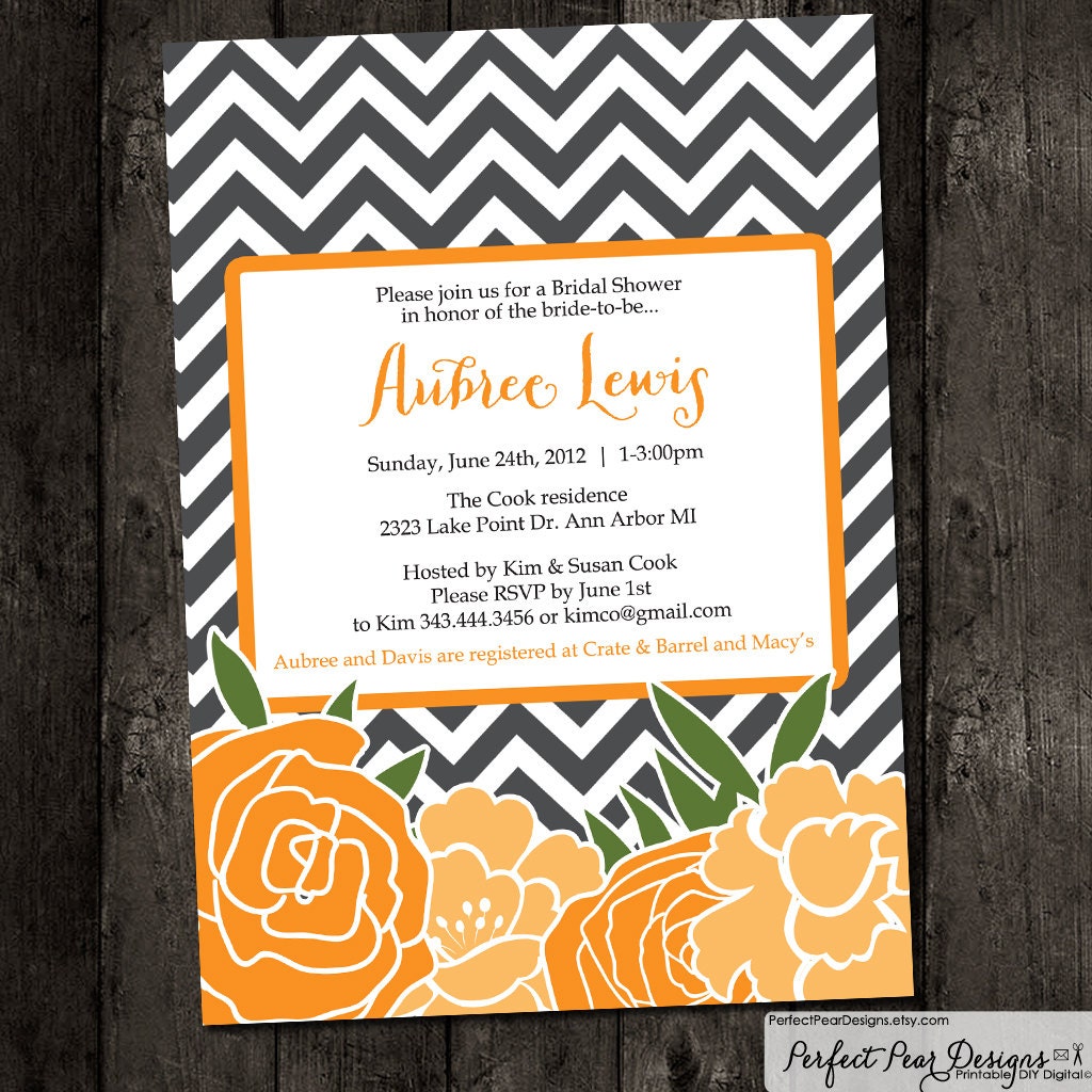 Bridal Shower Invitation - Chevron Flowers - Mod - Floral, Rose, Fall, Autumn, Halloween, Orange, Black, Grey, Charcoal (Printable)