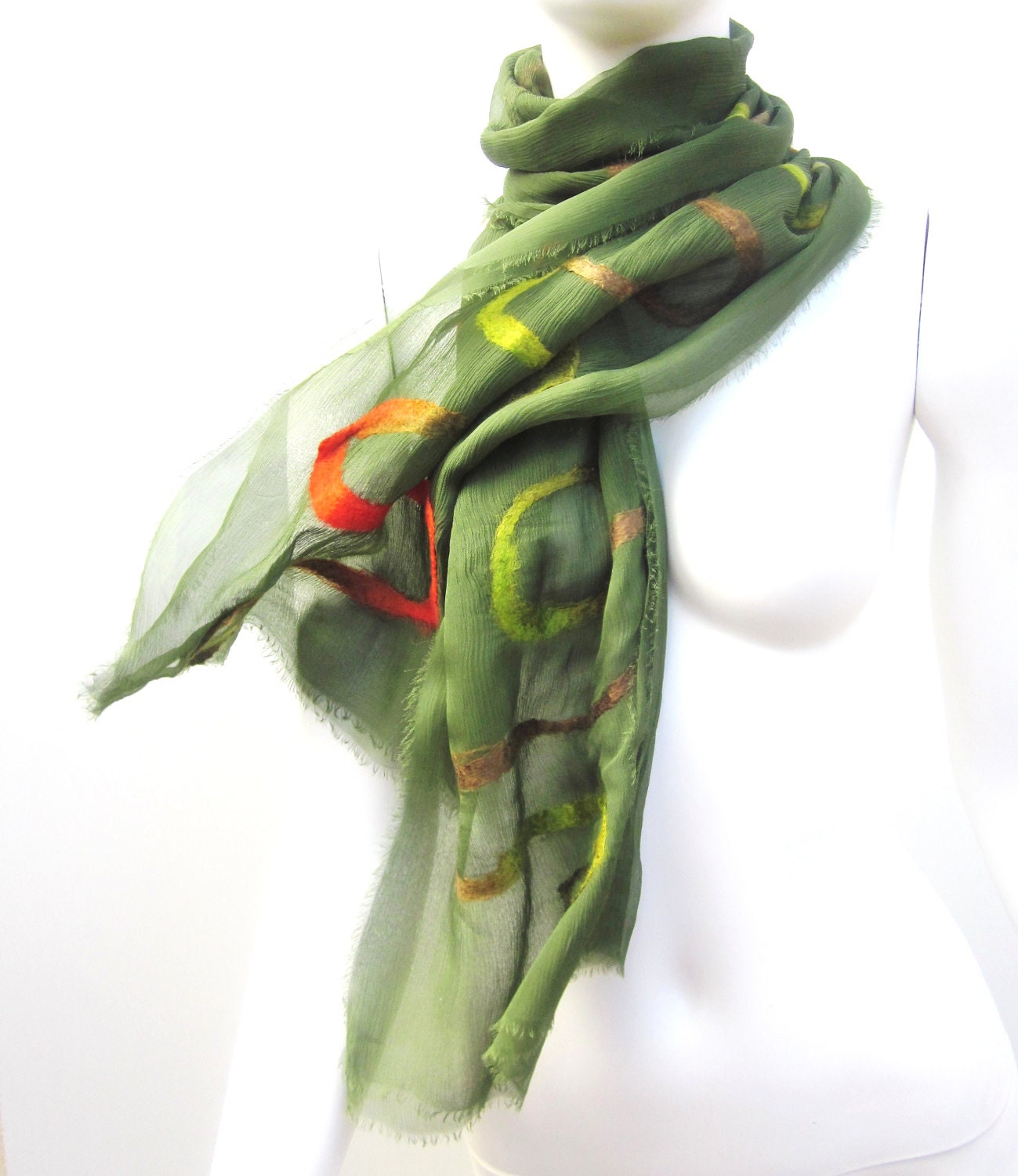 Scarf Autumn Fashion Silk Merino Nuno Felt Wrap Olive Green Fall Shawl