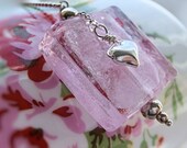 Light Pink Murano Glass Pendant Solid Sterling Silver Heart Charm Bead Chain, Romantic Shabby Chic Boho Luxury Gift Jewellery