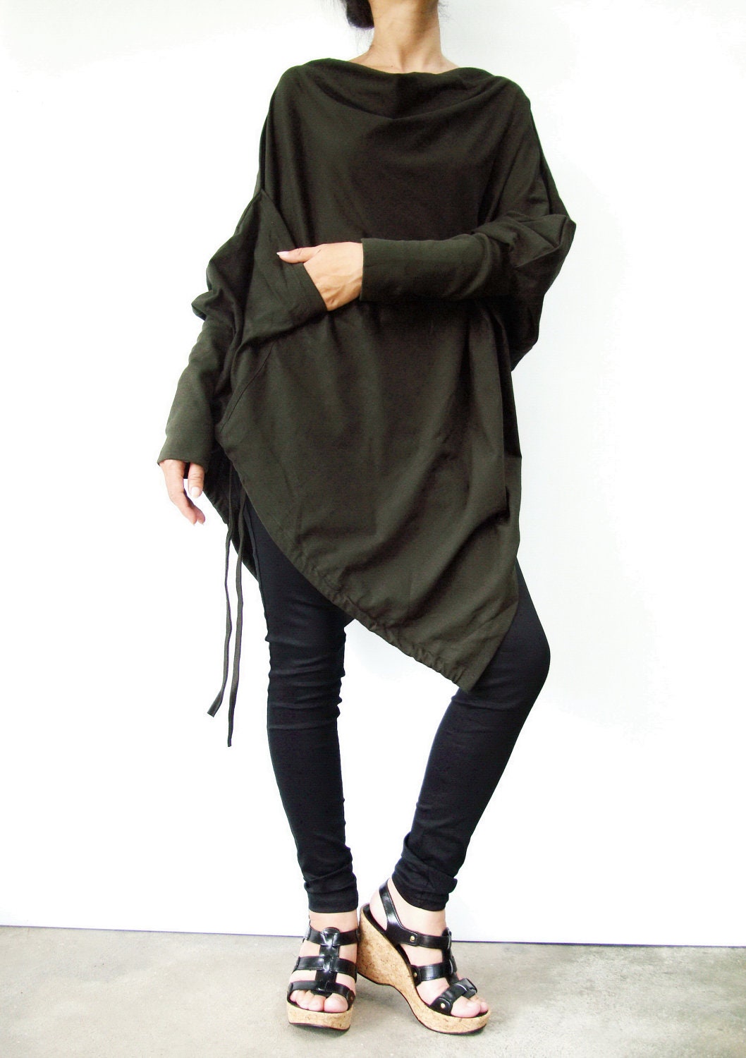 NO.59   Dark Army Green Cotton-Blend Batwing Tunic Loose Asymmetrical  Sweater