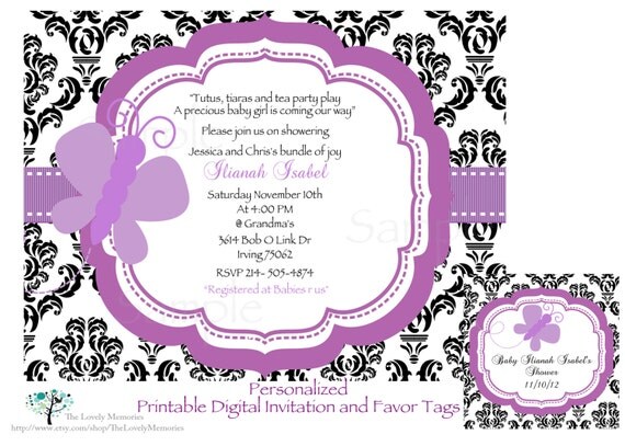Damask Purple Butterfly Baby Shower Printable Invitation & Tag Set Il_570xn