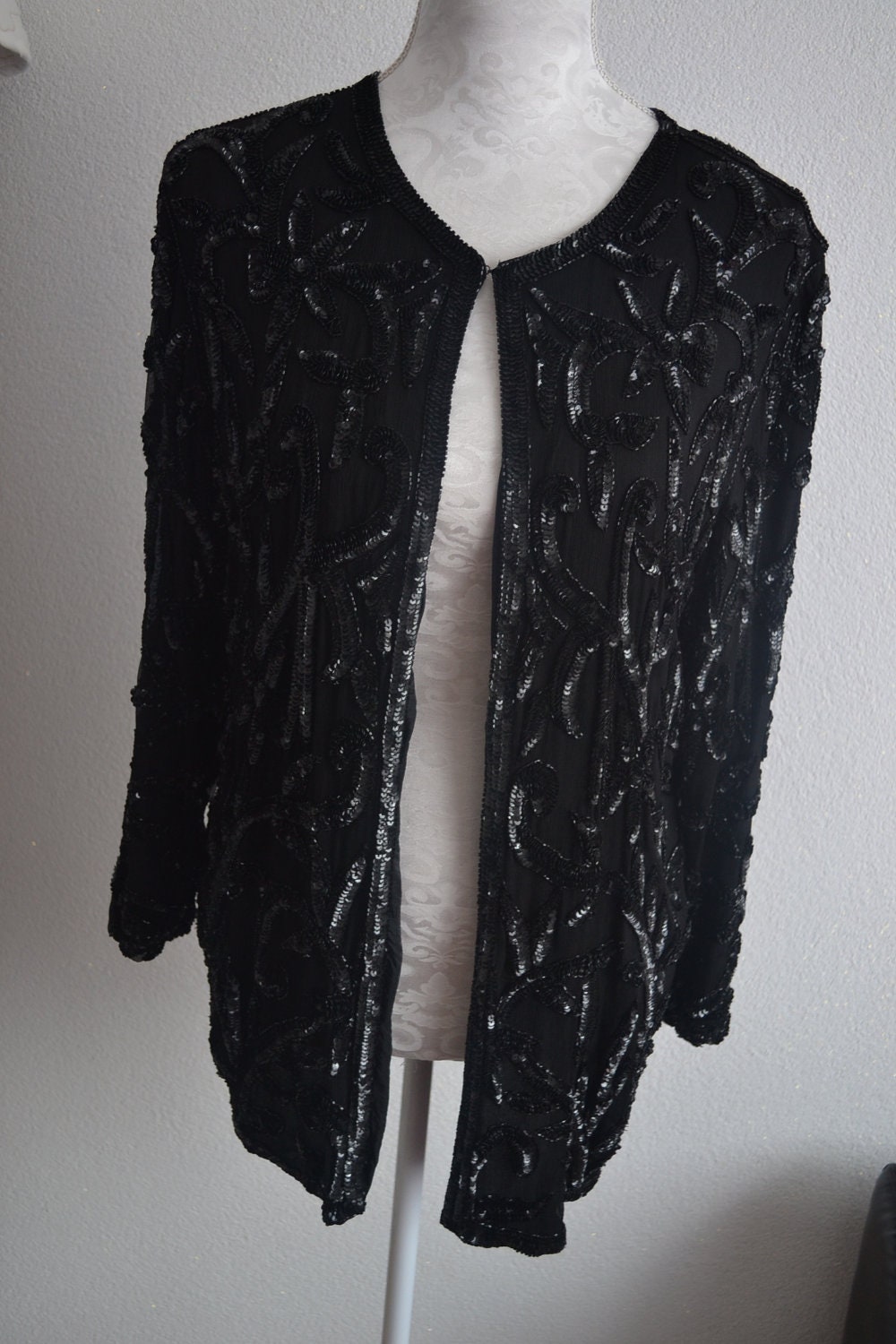 VINTAGE silk and sequin vest jacket black