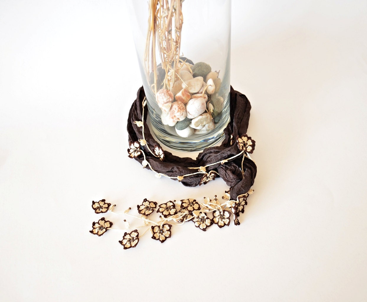 Cream Flowers, Dark  Brown Silk Foulard, Crochet Necklace