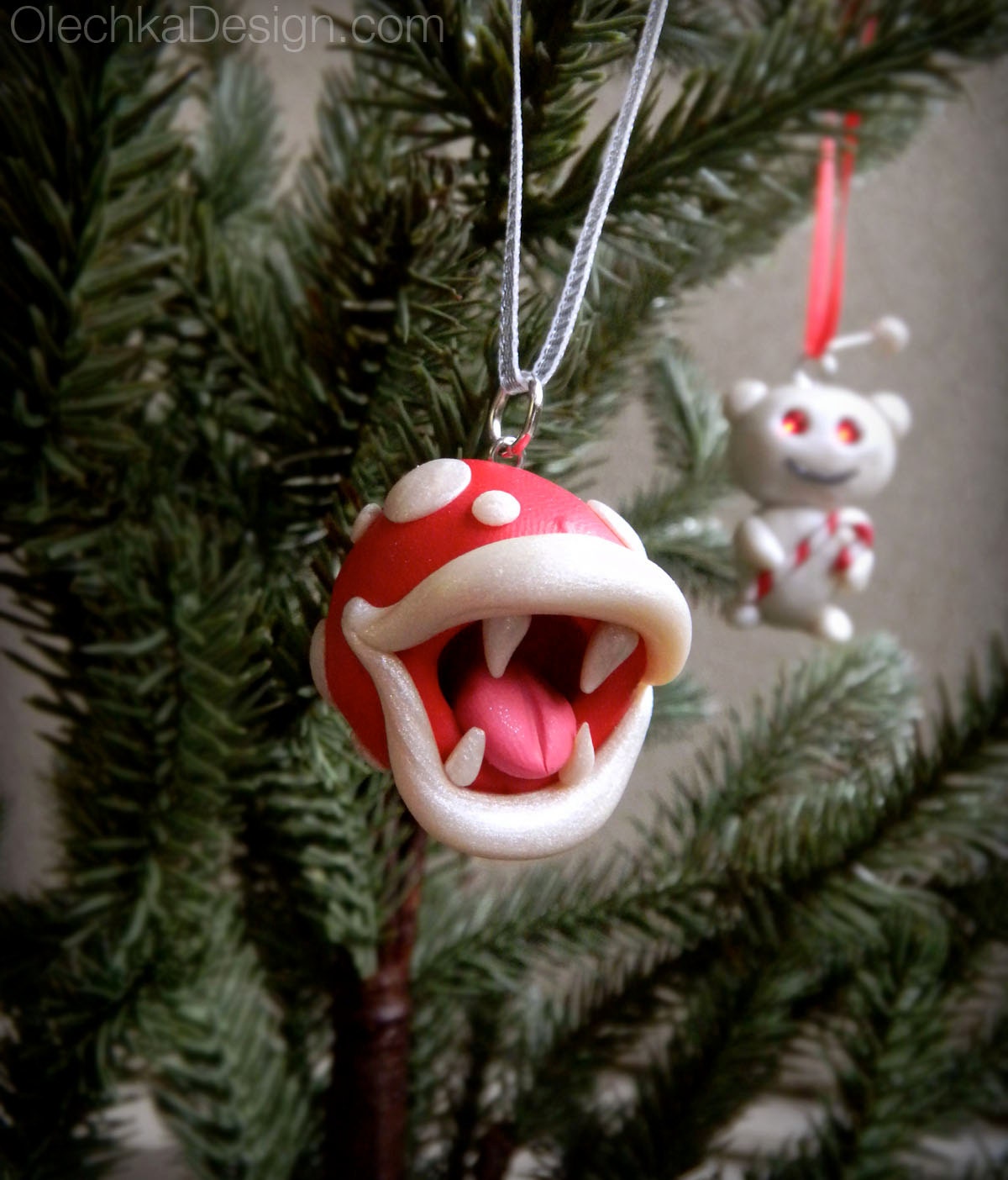 Piranha Plant Christmas Ornament, Nintendo Super Mario, Polymer Clay, Hand-made