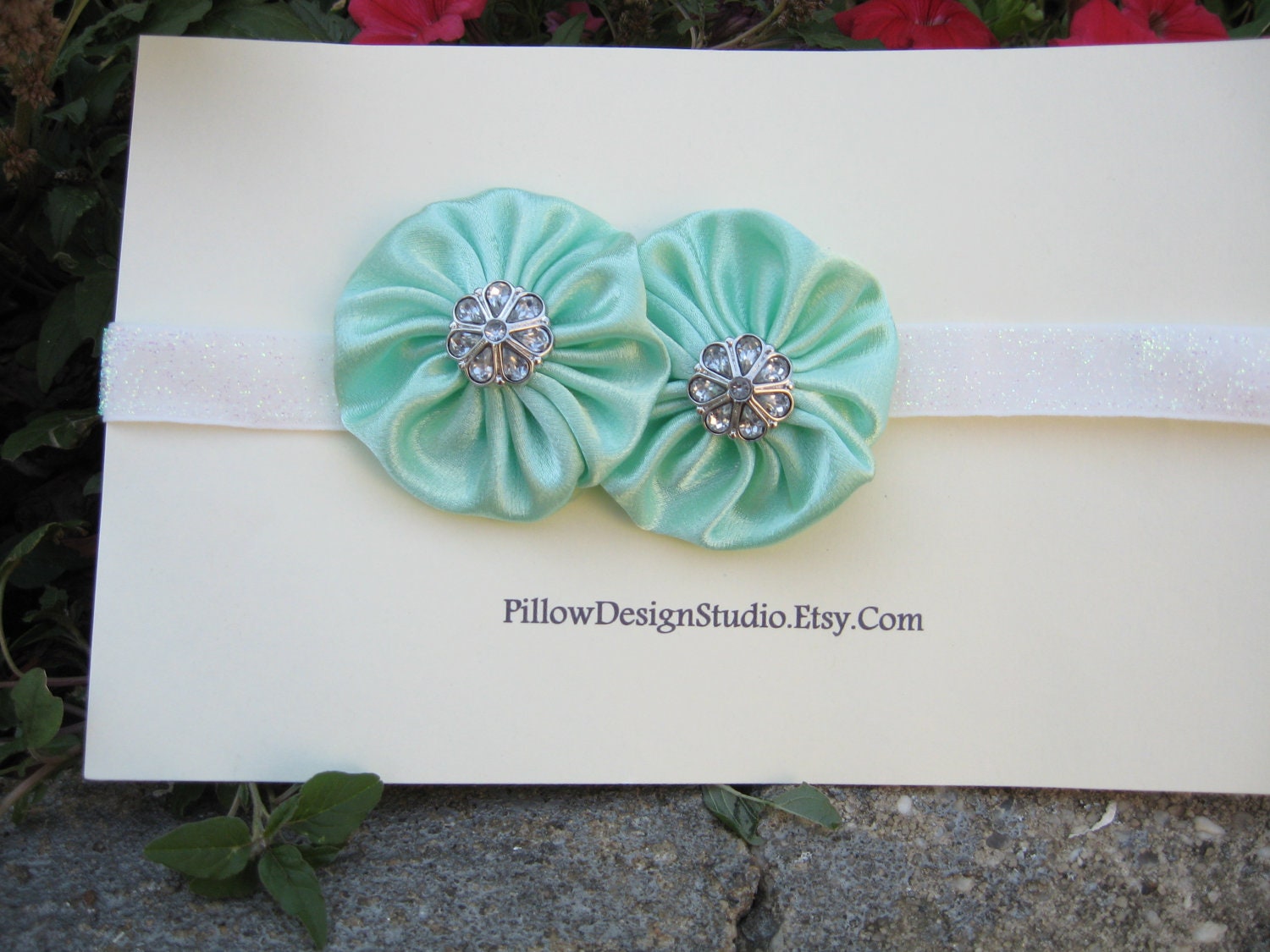 Flower girl headband -- mint flower head band for flower girls, bridesmaids with rhinestones, sparkle elastic