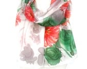 Red Green Scarf. Hand Painted Silk Scarf. Floral silk Shawl. Echarpe Foulard Soie. Gift for Her.10x60 in. (25x150 cm). Ready to Ship.