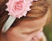 Peach Shabby Flowers on Ivory Headband with Pearl Rhinestone, Newborn Headband, Toddler Headband, Baby Girl Photo Prop.