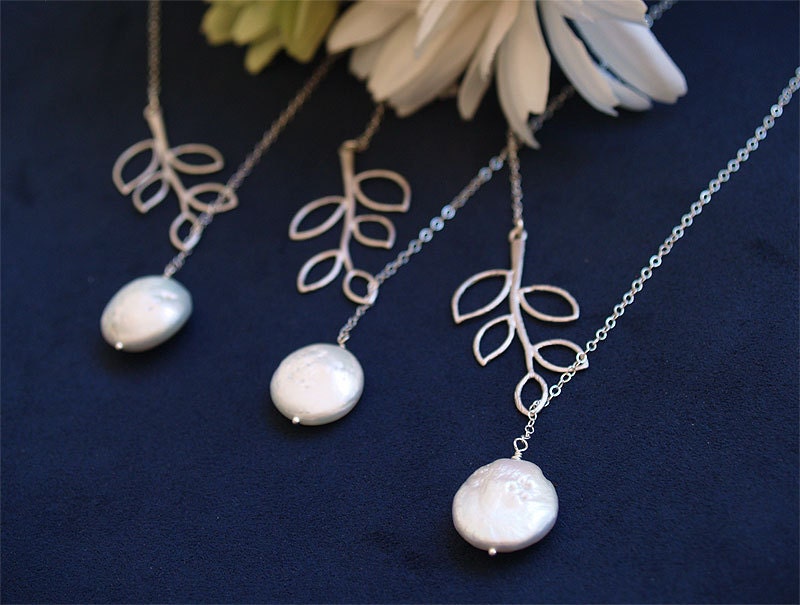 Bridesmaid Necklaces - Branch and Coin Pearl Lariat on 925 Sterling Silver Chain - Set of 3 - Bridesmaids Sets, Bridal, Wedding Jewelry