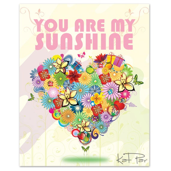 You Are My Sunshine, I Love You, Floral Heart Print, 8x10" Baby Nursery wall art, Art Decor, Children wall art, Nursery Print