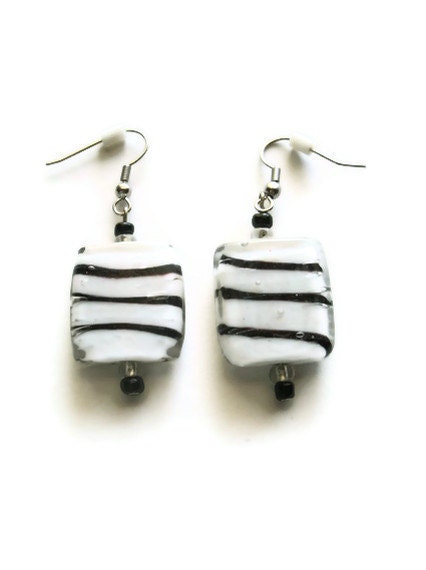 Zebra Print Earrings, Black And White Stripes, Lampwork Glass Squares, Hypoallergenic Silver Plated Hooks