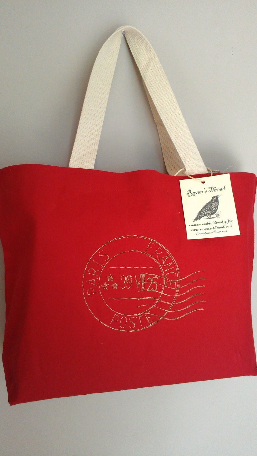 Paris Tote Bag Purse Embroidery Cotton Canvas French Postage Stamp