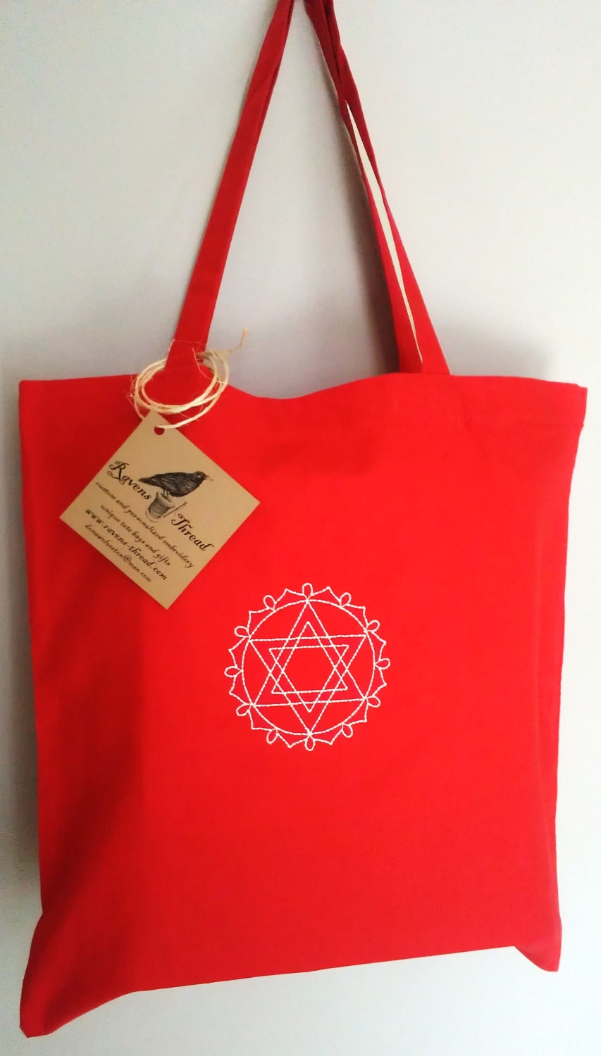 Chakra Heart Symbol Cotton Canvas Tote Embroidered on both sides of tote
