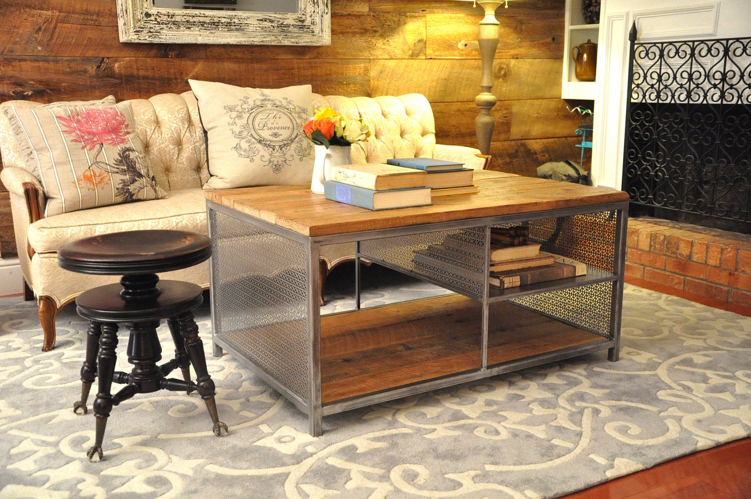 Sofia Coffee Table - Perforated Decorative Metal Sides & Reclaimed Wood