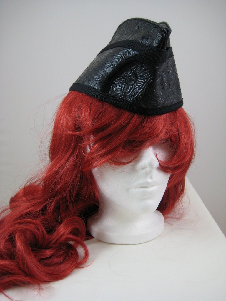 Black Faux Leather Garrison Cap