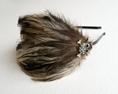 Steampunk Skull Feather Headband Neutral tribal brown camel tan, Rhinestone Fascinator hair headdress, burning man, festival wear, accessory