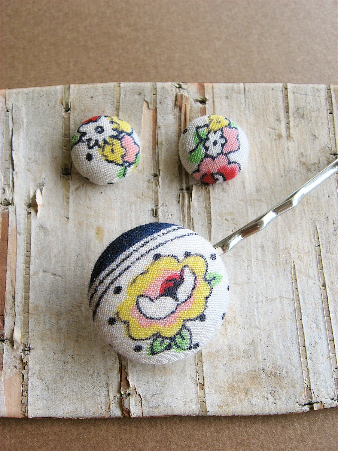 Vintage Handkerchief Spring Flower Button Hair Pin and Earring Set