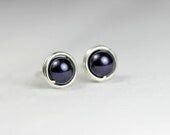 Dark Purple Stud Earrings Wire Wrapped Jewelry Handmade Sterling Silver Jewelry Handmade Swarovski Pearl Stud Earrings Purple Pearl Earrings