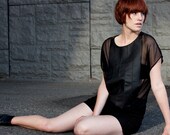 Minimalist leather tunic - sheer modern mesh clothing for women, grunge chic fashion night black - small