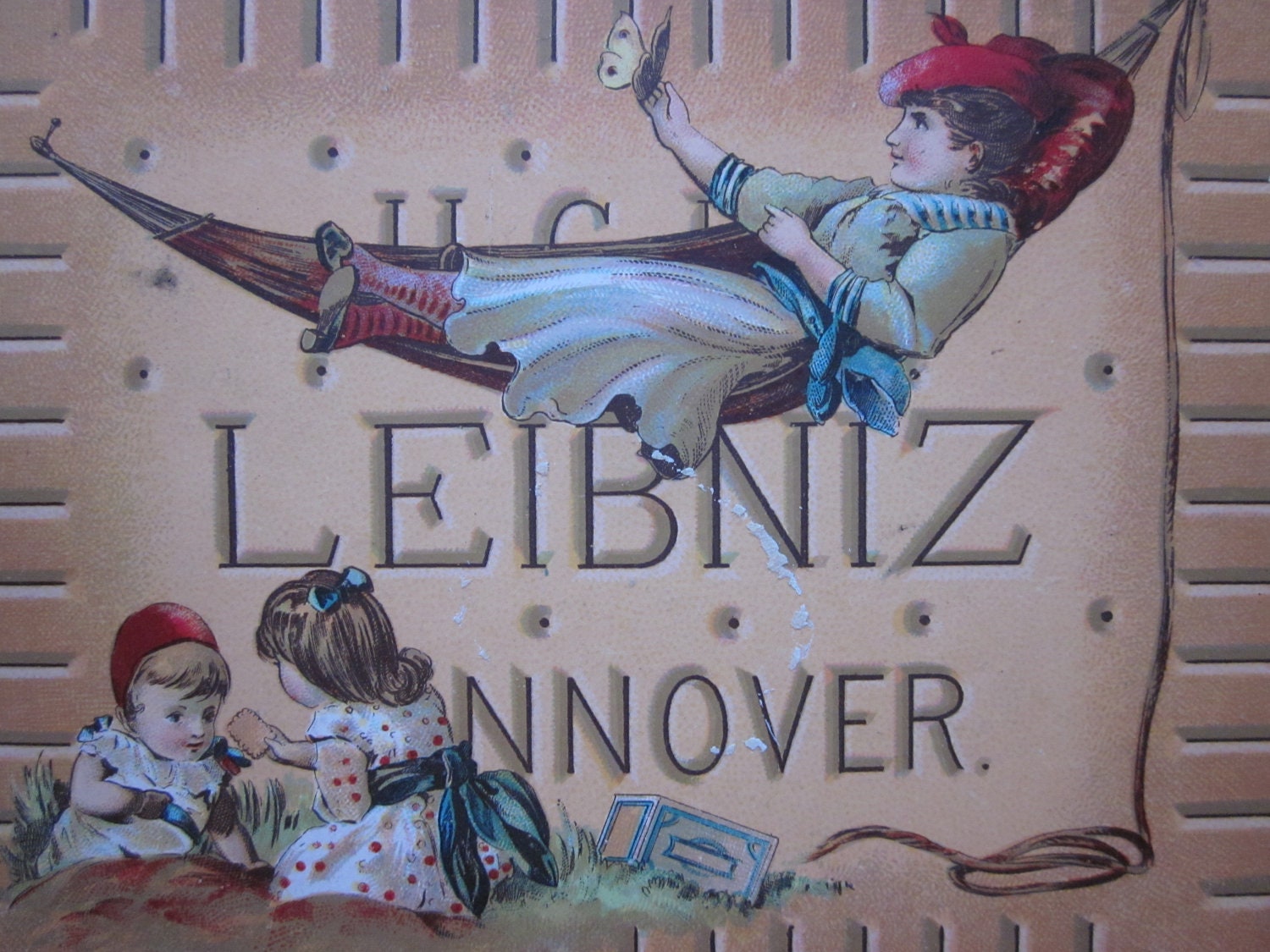 Antique Advertisements Written in German for Butter Biscuits Gorgeous Images of Children Fishing for Cookies and a Picnic Hammock Scene