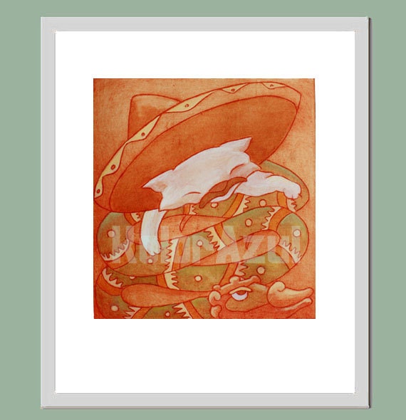 Mexican cat illustration, etching print colored with watercolor