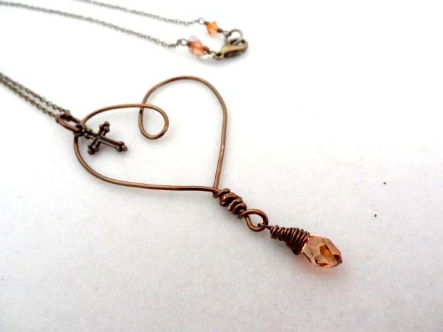 Bronze Cross Charm Love Heart Orange Copper colored Crystal bead Wire Wrapped handmade pendant necklace Christian Religious Jewelry Memoria
