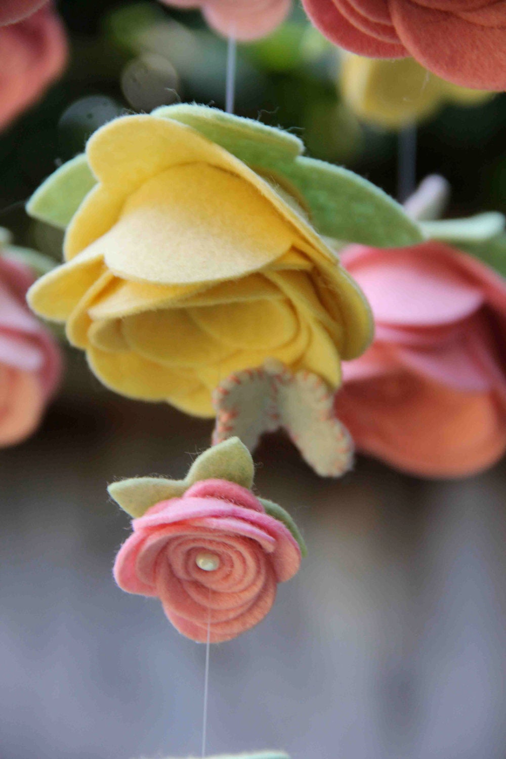 Shades of Pink and Buttercup Medium Felt (LG Flower) Rose Mobile with Butterflies