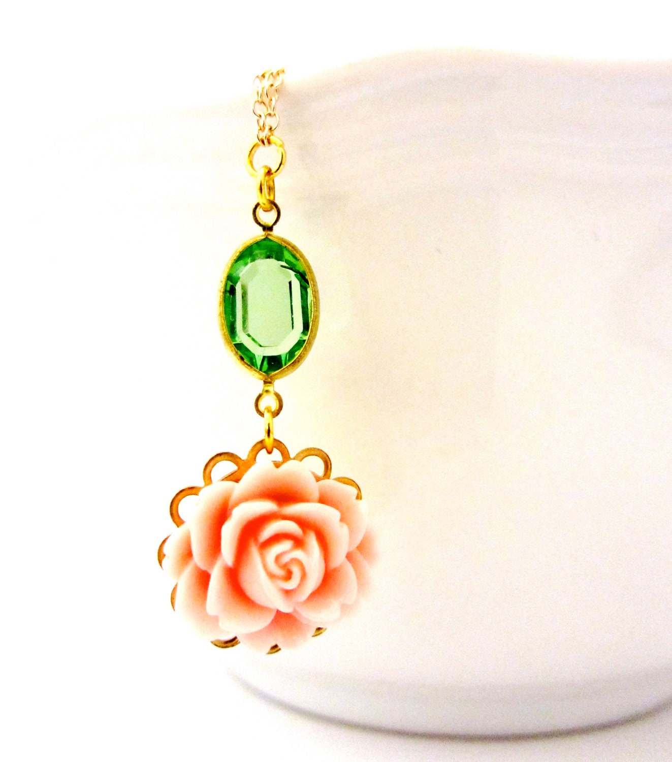 Pink Flower Necklace, Gold Drop Necklace, Pale Pink & Peridot Green Gold Necklace, Gold-Filled Chain, Vintage Swarovski