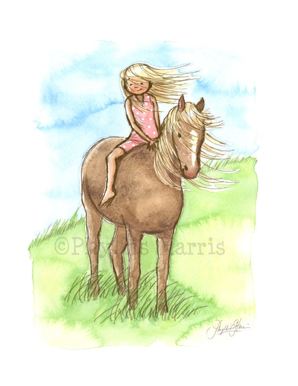 Children's Wall Art Print - Horse Girl - Girl's room decor- customizable hair color on little girl - Coral