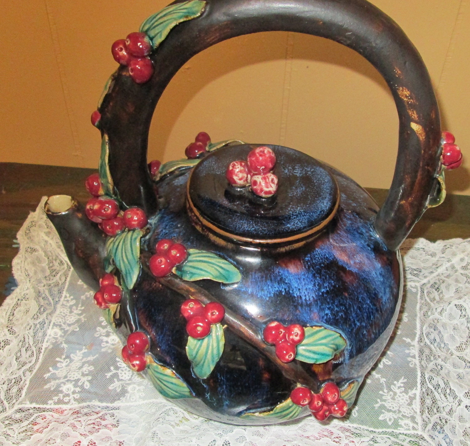 Vintage Gorgeous Stoneware Large "Cherries" Teapot Shabby Chic