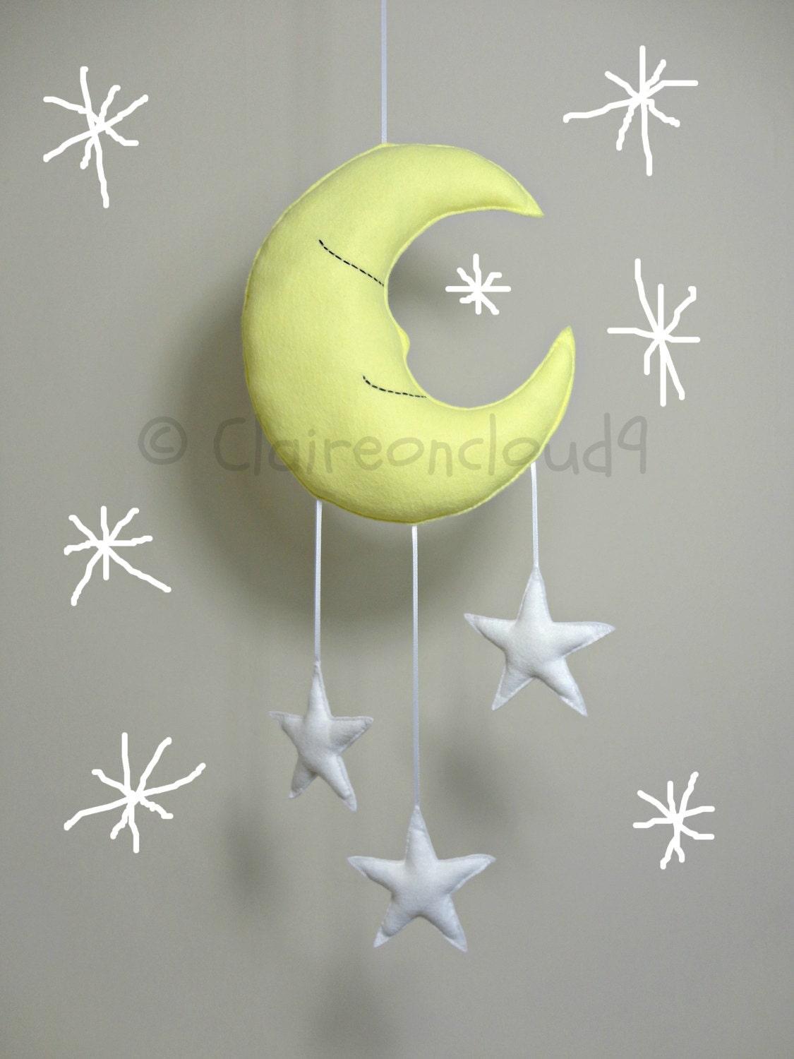 MR SLEEPY MOON and Stars Mobile - Lemon Yellow & White Hanging Mobile Baby Nursery Kids Bedroom Home Decoration