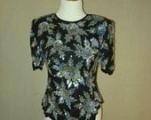 1980s Laurence Kazar Black and Blue Sequin Short Sleeve Beaded Vintage Top