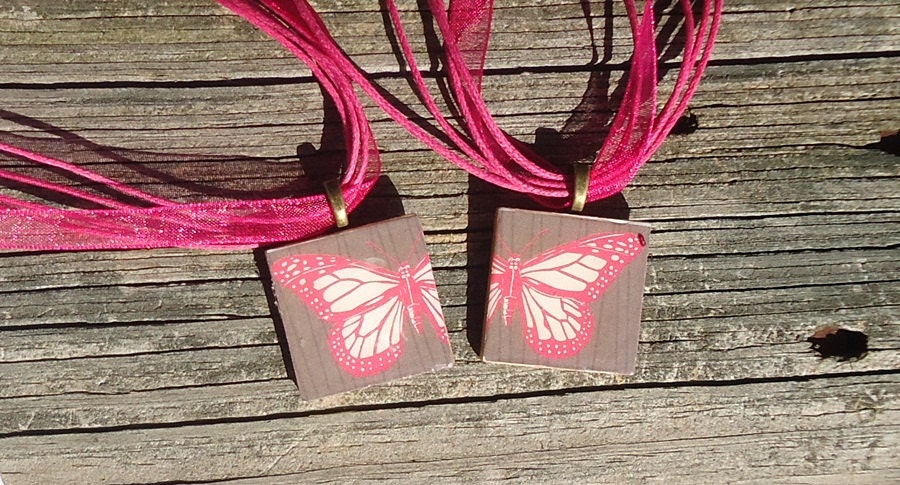 Friendship Pendants, Pink Butterfly, Two Pendant Set, Gifts for Girls