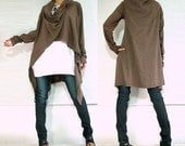 Women Unique Long Cardigan - Cowl Neck Oversized  Wrap - chocolate brown in asymmetrical lagenlook