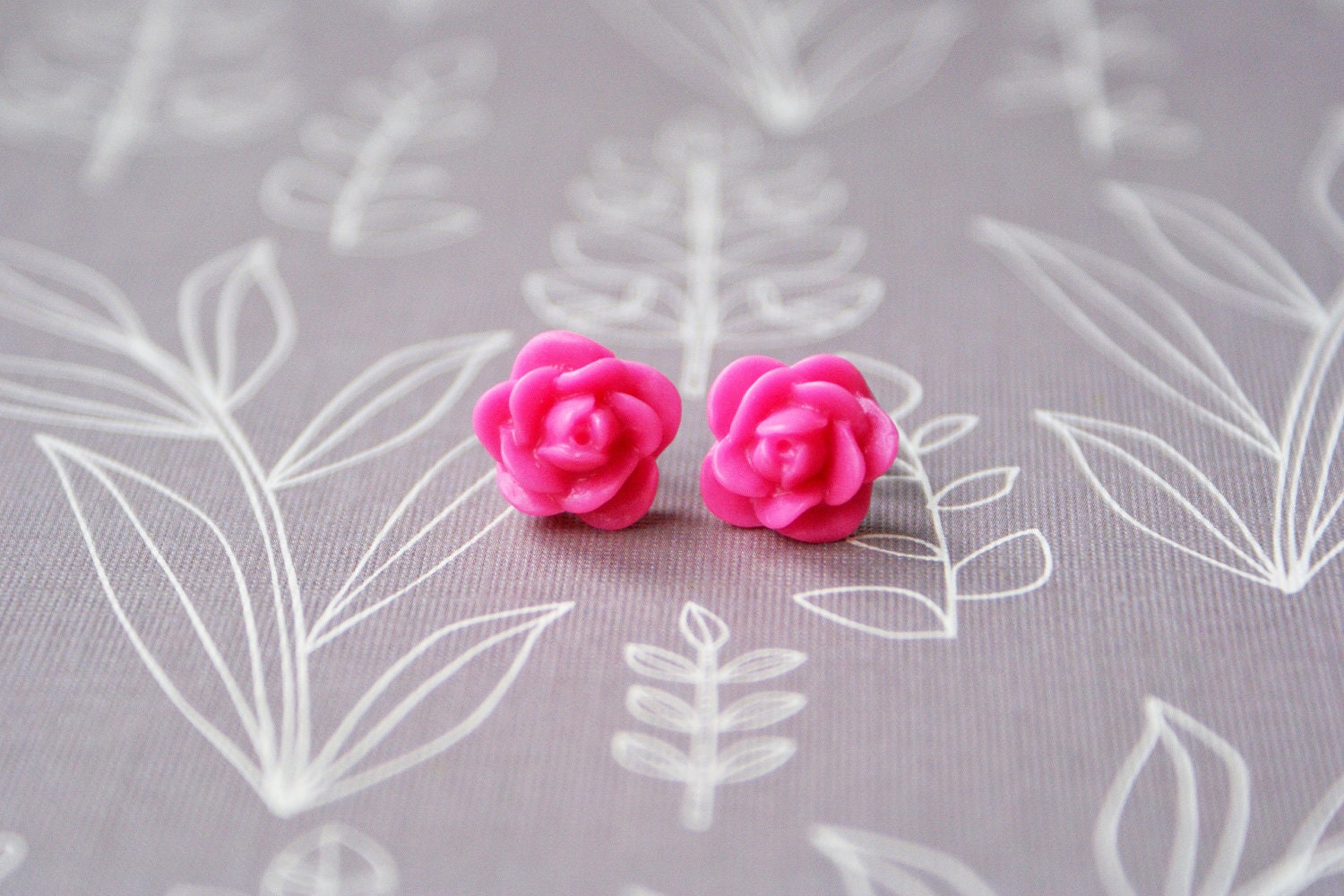 Dark Pink Floral Earrings Rose Cabochons